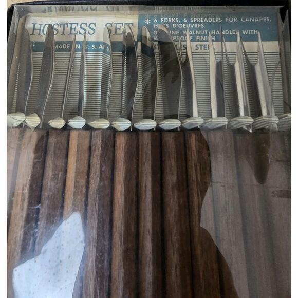 Vintage Hostess Set Walnut & Stainless Steel Appetizer Utensil Set. Made in USA - Picture 4 of 7